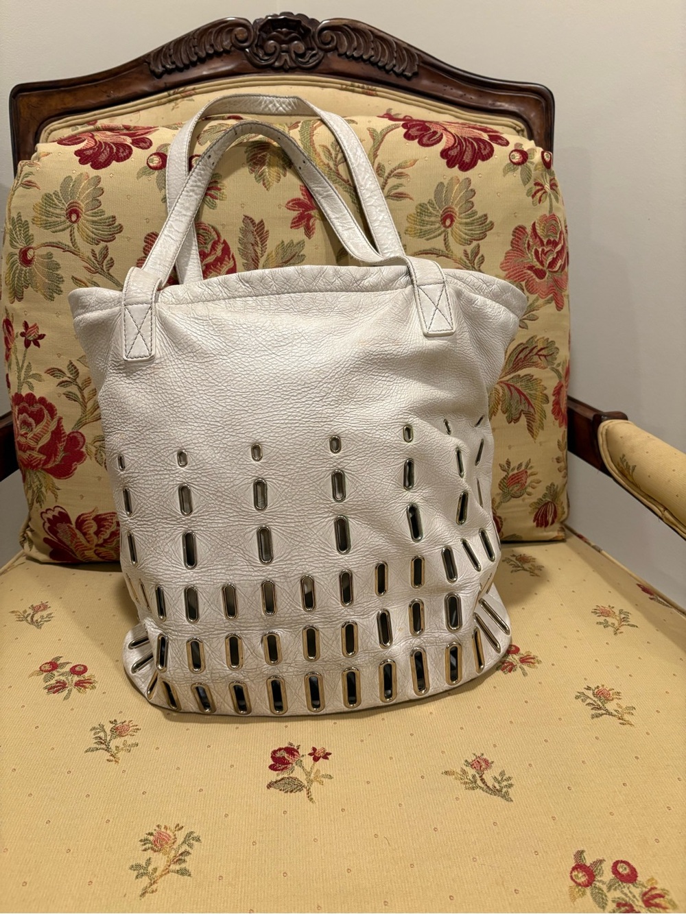 Jimmy Choo Authentic White Leather Cutout Tote Bag